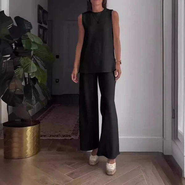 Ensemble Femme Blouse Sans Manches et Pantalon Palazzo – Coupe Ample – Coton Doux
