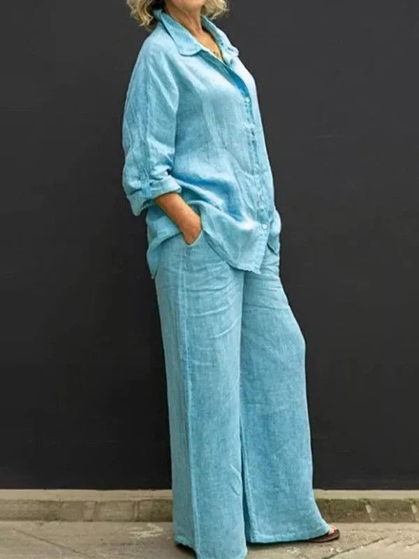 Ensemble femme – Linnen – Coupe ample – Chemise boutonnée – Pantalon large