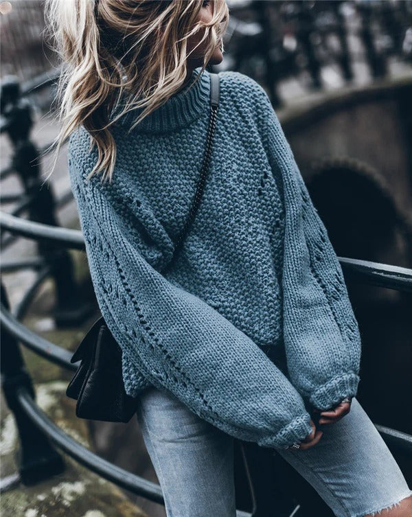 Pull femme – Maille épaisse – Coupe oversize – Col roulé – Manches ajourées
