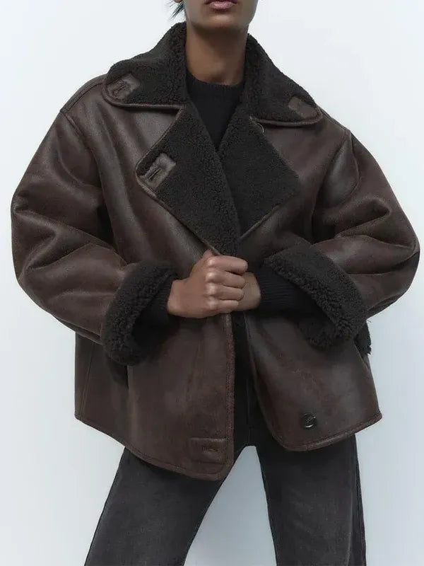 Veste en cuir femme – Coupe oversize – Col et poignets en shearling – Style vintage