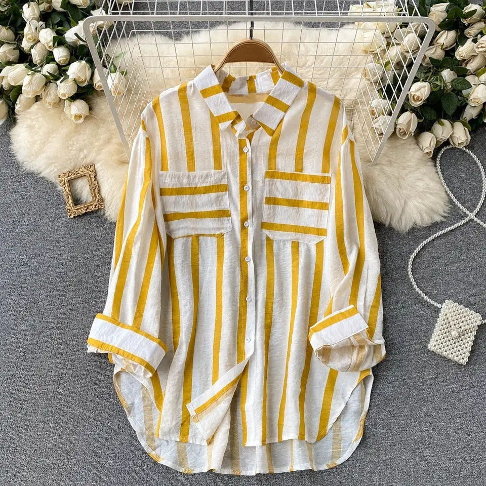 Veste chemise femme – Coupe ample – Rayures verticales – Coton léger – Boutonnée