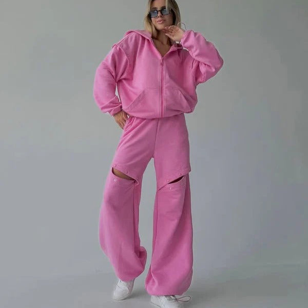 Ensemble loungewear femme – Coupe oversize – Hoodie zippé – Pantalon large à découpes