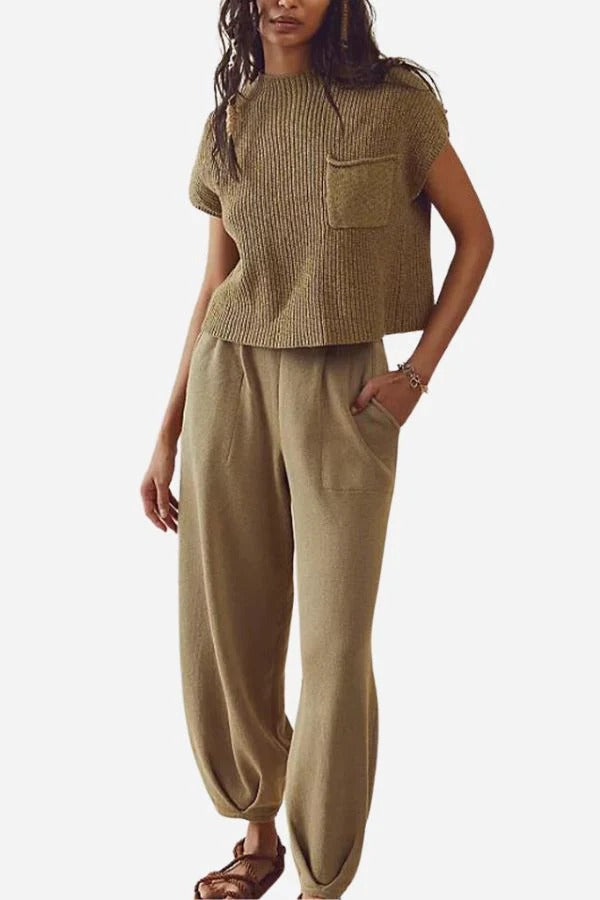 Top femme sans manches – Maille côtelée – Coupe ample – Poche poitrine