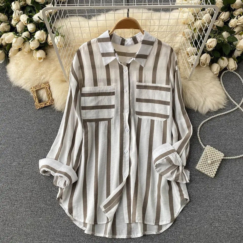 Veste chemise femme – Coupe ample – Rayures verticales – Coton léger – Boutonnée