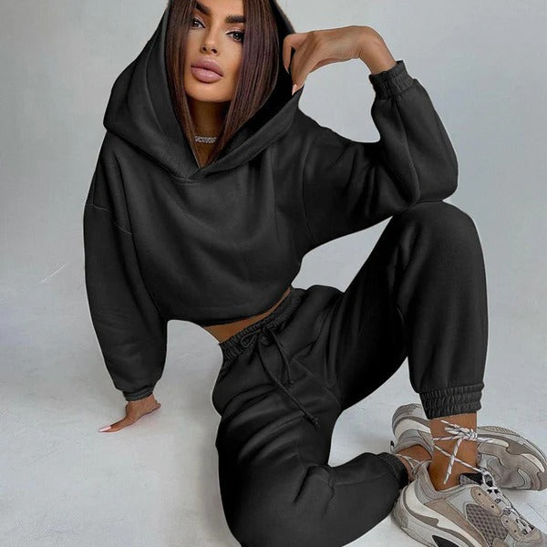 Ensemble Loungewear Femme – Coupe Décontractée – Hoodie Court – Pantalon Taille Cordon