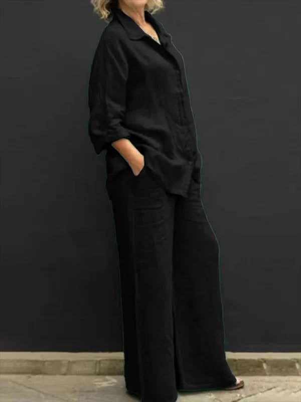 Ensemble femme – Linnen – Coupe ample – Chemise boutonnée – Pantalon large