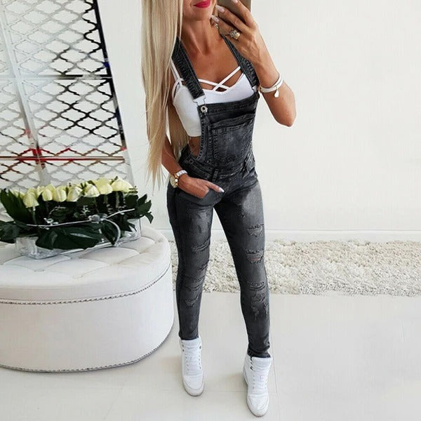Salopette femme – Coupe slim – Jean délavé – Bretelles réglables – Style décontracté