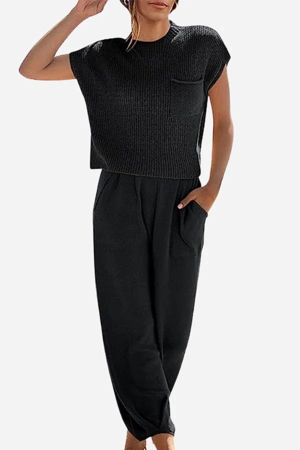 Top femme sans manches – Maille côtelée – Coupe ample – Poche poitrine