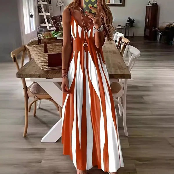 Robe longue femme – Coupe fluide – Sans manches – Décolleté V – Rayures verticales