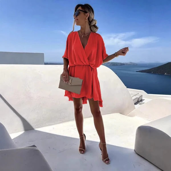 Robe portefeuille femme – Mini fluide – Décolleté plongeant – Manches courtes – Ourlet volanté