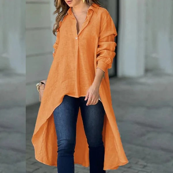 Blouse femme – Coupe ample – Manches longues – Ourlet asymétrique – Tissu coton