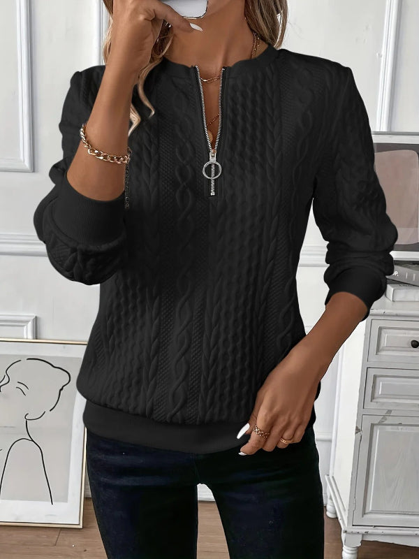 Sweatshirt femme – Coupe décontractée – Maille torsadée – Demi-zip confortable