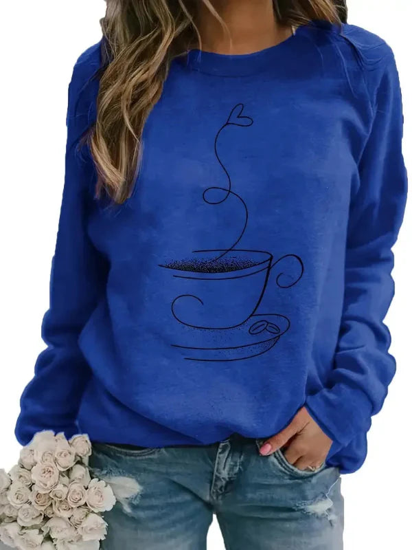 Sweatshirt femme – Coupe décontractée – Coton doux – Motif tasse à café – Col rond