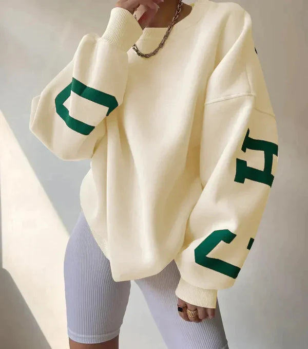Sweatshirt femme – Coupe oversize – Coton doux – Épaules tombantes – Motif sur manche