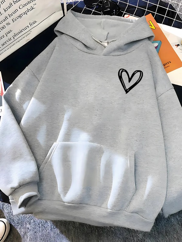 Sweat à capuche femme – Coupe décontractée – Coton – Motif cœur – Poche kangourou