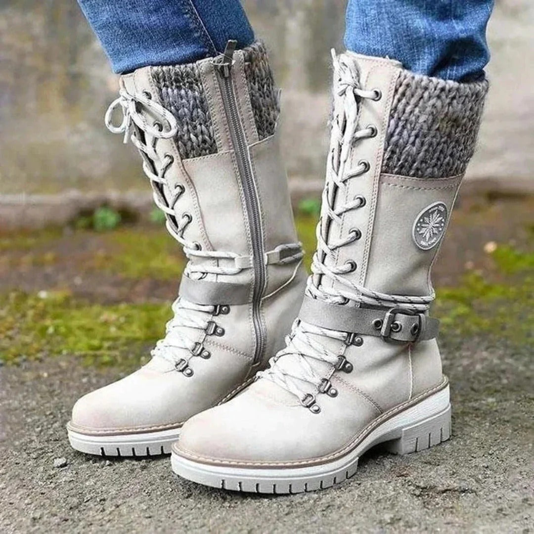 Bottes femme hauteur genou – Laçage frontal – Zip latéral – Revers en maille laine
