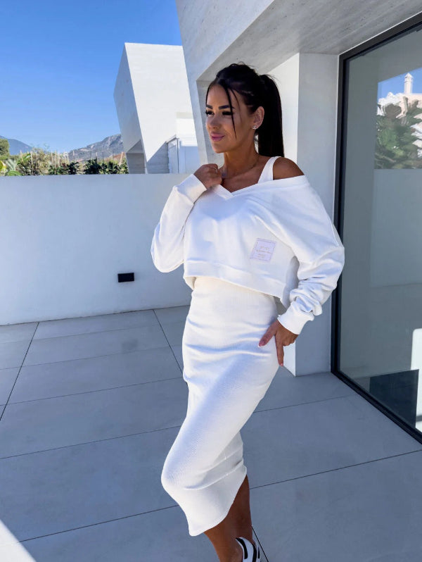 Robe Sweat Femme – Coupe Slim – Coton Doux – Col V – Longueur Midi – Ensemble Coordonné