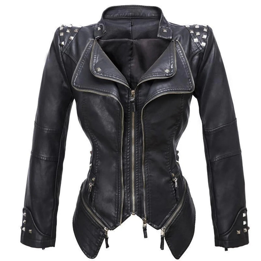 Veste biker femme – Coupe slim – Épaules cloutées – Fermeture zippée asymétrique