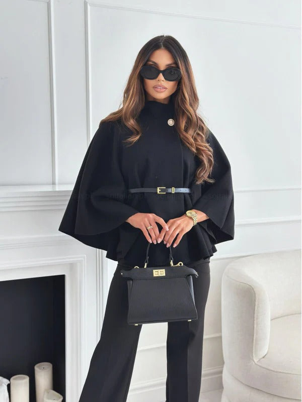 Blouse femme – Style poncho – Taille ceinturée – Col montant – Coupe fluide élégante