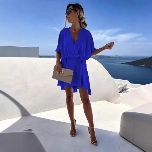 Robe portefeuille femme – Mini fluide – Décolleté plongeant – Manches courtes – Ourlet volanté