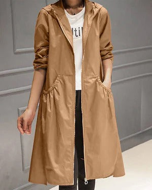 Trench femme – Imperméable à capuche – Coupe droite – Longueur genou – Style décontracté