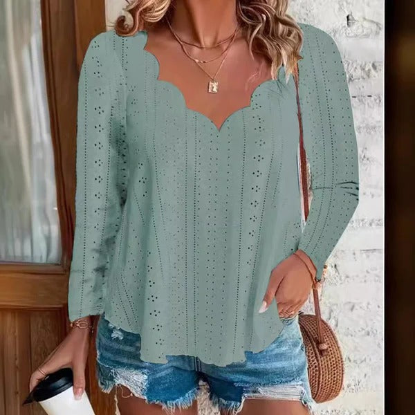 Blouse femme – Coupe décontractée – Coton léger – Broderie florale – Manches longues
