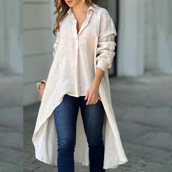 Blouse femme – Coupe ample – Manches longues – Ourlet asymétrique – Tissu coton