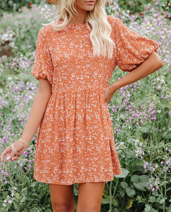 Robe trapèze femme – Manches bouffantes – Motif fleuri – Tissu respirant – Mini