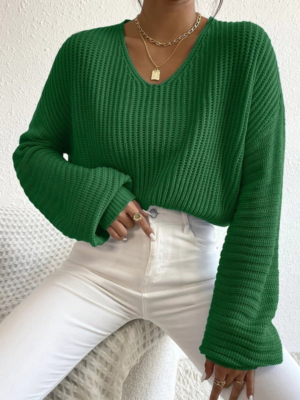 Pull femme – Coupe décontractée – Maille côtelée – Col en V – Manches longues