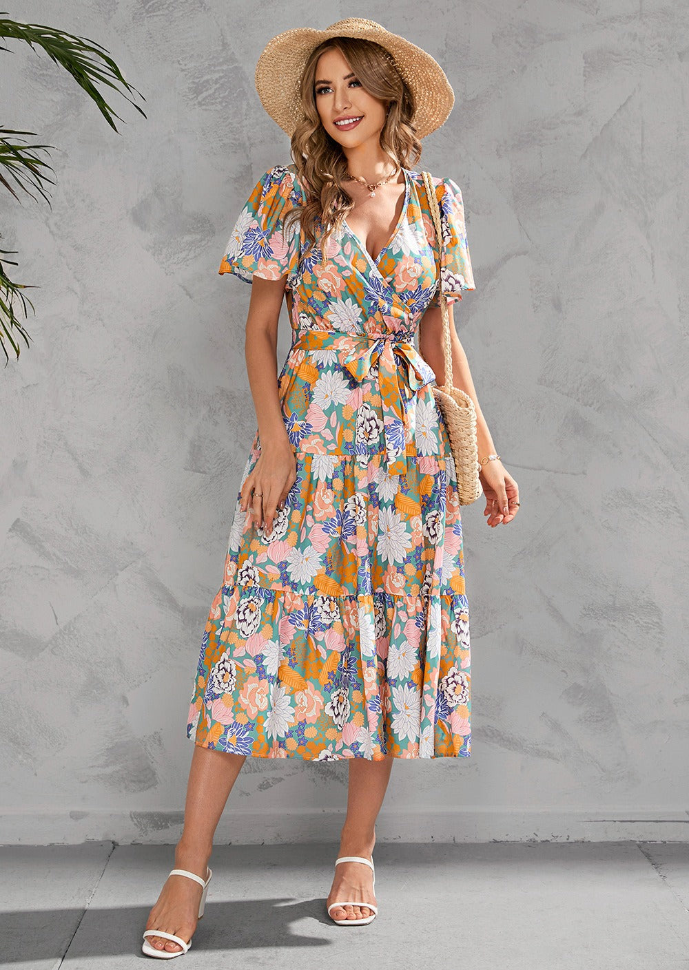 Robe midi femme – Décolleté cache-cœur – Manches courtes – Ceinture à nouer – Jupe à volants