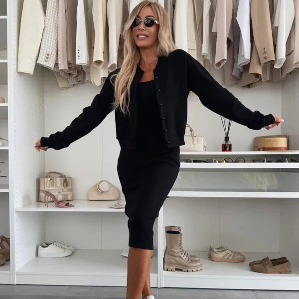 Ensemble femme – Maille stretch – Robe moulante mi-longue – Gilet boutonné ajusté