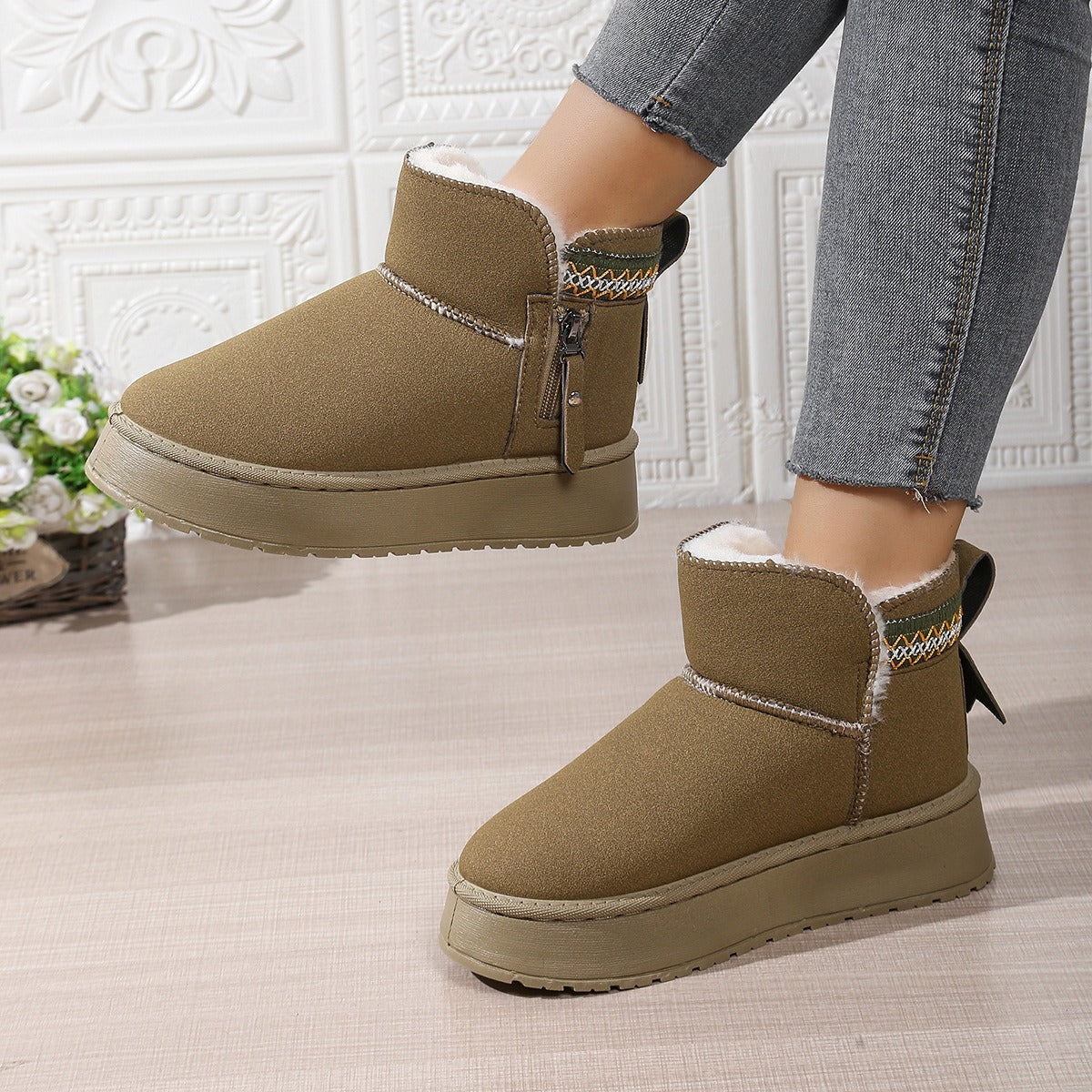Bottes de neige femme – Doublure chaude – Semelle épaisse – Tige basse – Zip latéral