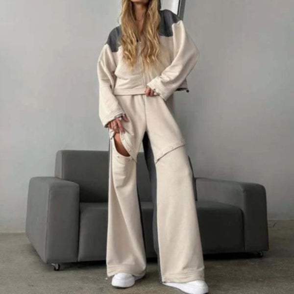 Ensemble Femme Loungewear – Hoodie Court Zippé – Pantalon Large Taille Élastique – Coton Doux