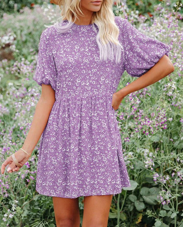 Robe trapèze femme – Manches bouffantes – Motif fleuri – Tissu respirant – Mini
