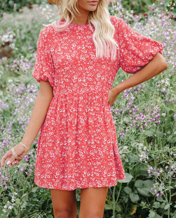 Robe trapèze femme – Manches bouffantes – Motif fleuri – Tissu respirant – Mini