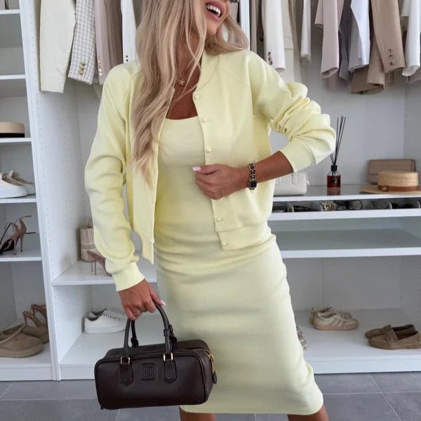 Ensemble femme – Maille stretch – Robe moulante mi-longue – Gilet boutonné ajusté
