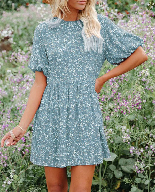 Robe trapèze femme – Manches bouffantes – Motif fleuri – Tissu respirant – Mini