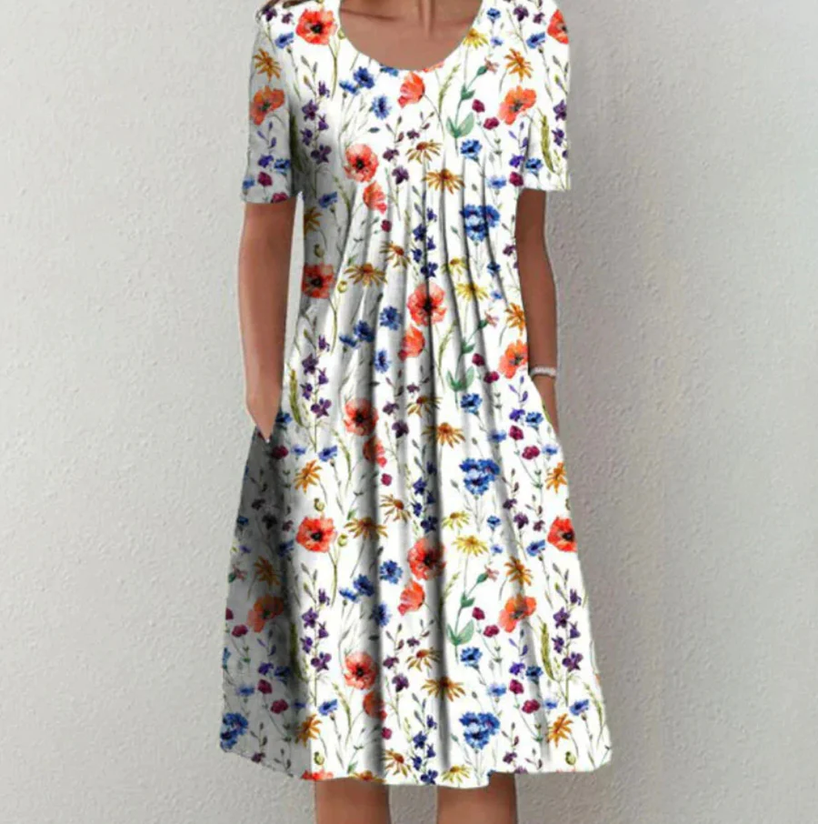 Robe midi femme – Coupe évasée – Tissu respirant – Manches courtes – Imprimé fleuri