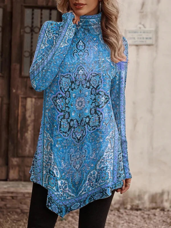 Blouse femme – Coupe décontractée – Col montant – Manches longues – Ourlet asymétrique