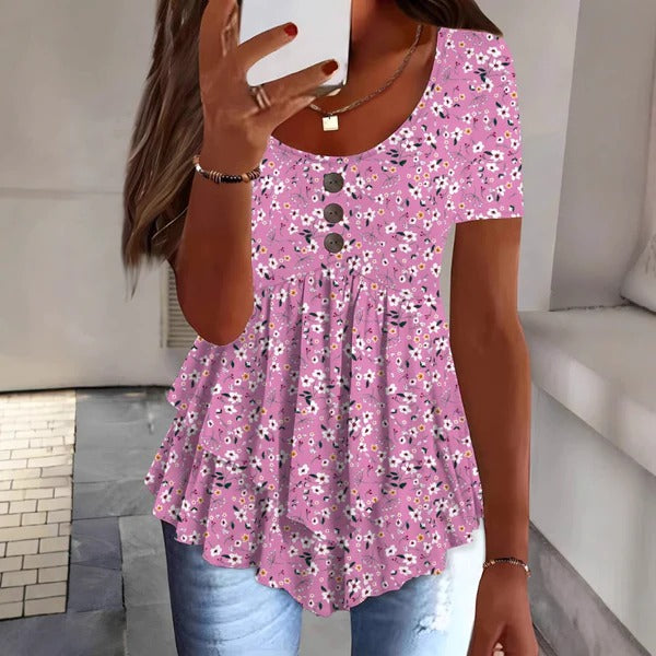 Blouse femme – Coupe décontractée – Boutonnée – Imprimé fleuri – Ourlet volanté