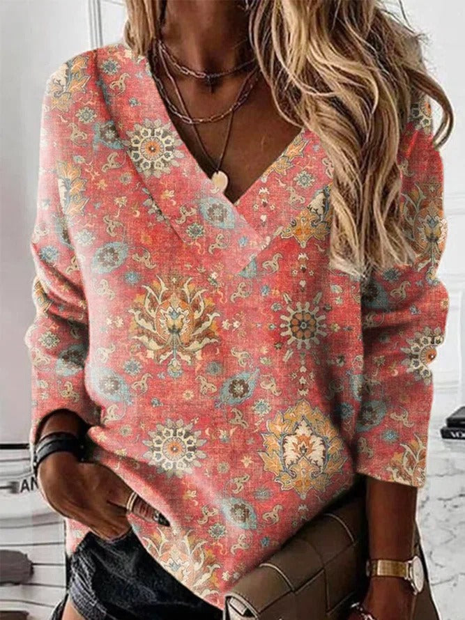 Sweatshirt femme – Coupe décontractée – Col en V – Imprimé ornemental – Coton