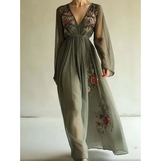 Robe longue femme – Tissu fluide – Décolleté en V – Broderie florale – Taille cintrée