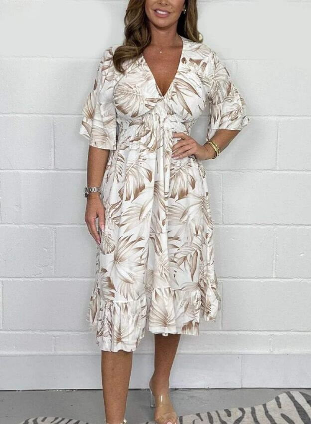 Robe Midi Femme – Coupe Ample – Taille Haute – Imprimé Botanique – Manches Volants