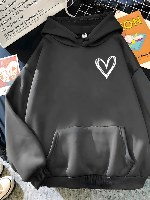 Sweat à capuche femme – Coupe décontractée – Coton – Motif cœur – Poche kangourou