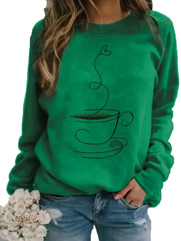 Sweatshirt femme – Coupe décontractée – Coton doux – Motif tasse à café – Col rond