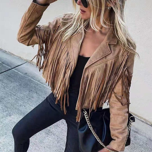Veste femme – Cuir – Coupe ajustée décontractée – Détails à franges – Longueur hanches