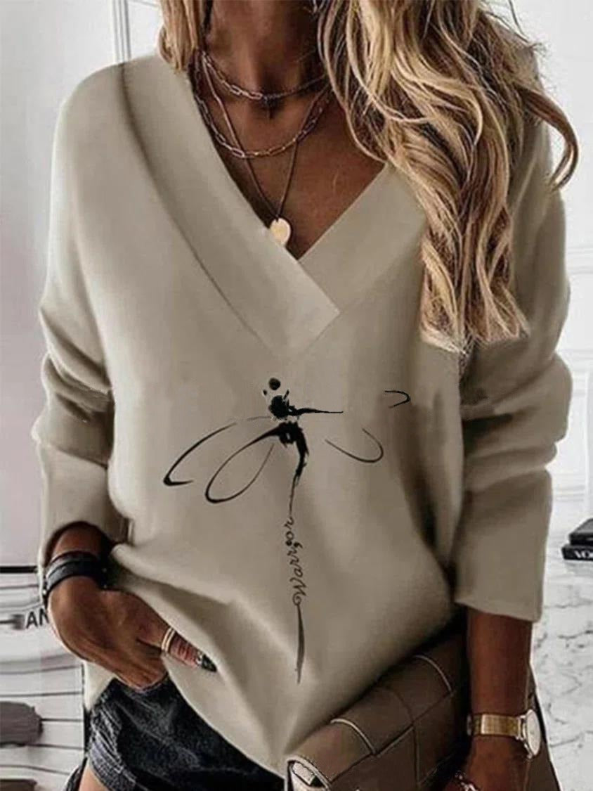 Sweatshirt femme – Coupe décontractée – Col en V – Imprimé ornemental – Coton
