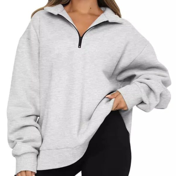 Sweatshirt femme oversize – Coton doux – Col montant zippé – Coupe décontractée