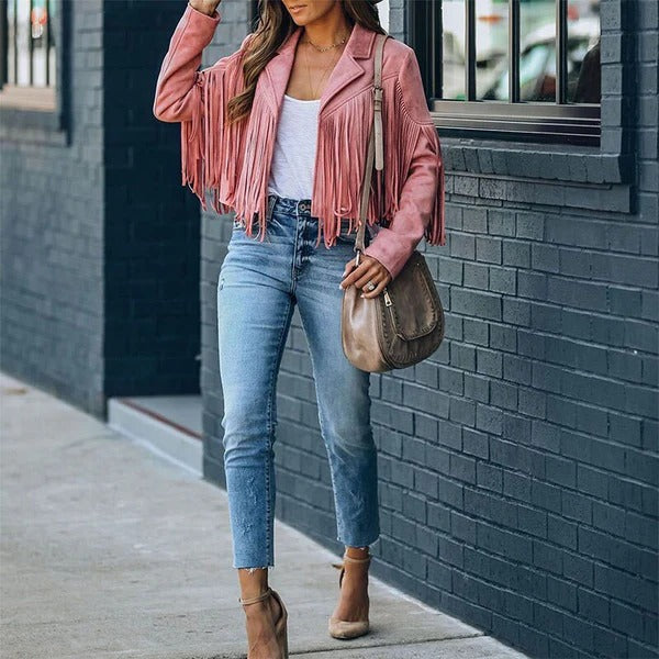 Veste femme – Cuir – Coupe ajustée décontractée – Détails à franges – Longueur hanches