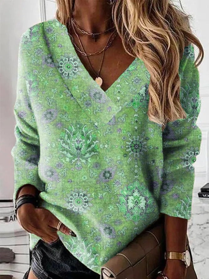 Sweatshirt femme – Coupe décontractée – Col en V – Imprimé ornemental – Coton